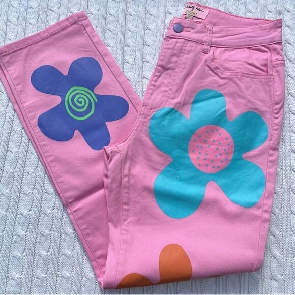 NWT Zig zag flower power groovy trippy mom jeans Sz S - Picture 4 of 9